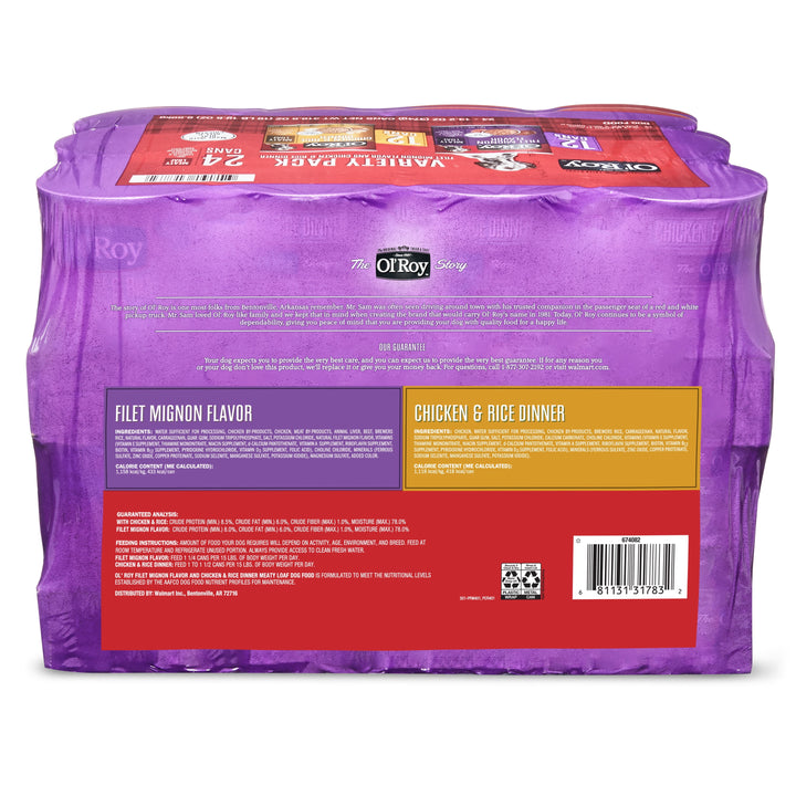Ol' Roy Meaty Loaf Wet Dog Food Variety Pack, Filet Mignon Flavor and Chicken & Rice Dinner, 13.2 Oz, 24 Cans