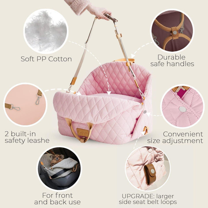 Dog Car Seat for Small Dogs – 3-In-1 Travel Carrier, Booster & Dog Bed for Car – Washable, Anti-Slip, Safety Straps – Fits Front & Back Seats – Cozy Pet Car Seat up to 25 Lbs – Pink