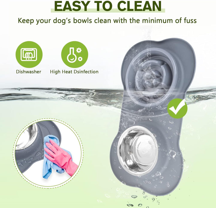 Slow Feeder Dog Bowls to Slow down Eating, No-Spill Non-Skid Silicone Mat, Food-Grade Safe Dog Food Bowls, Stainless Steel Water Bowl for Dogs Cats