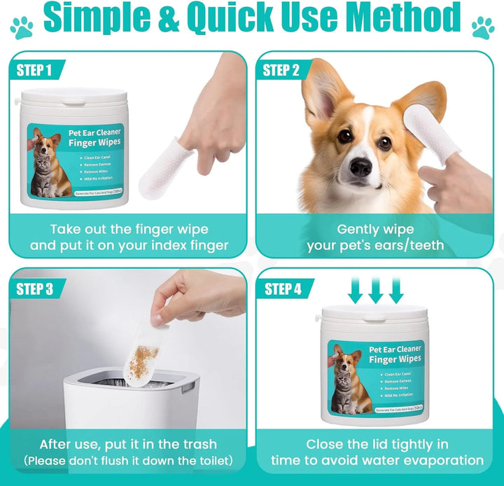 2-Pack Pet Teeth and Ear Cleaner Finger Wipes, Dog and Cat Grooming Kit, Soothing Odor Control, Reduces Dirt and Wax Buildup, Cleans Teeth and Reduces Tartar and Odor, 100 Tablets