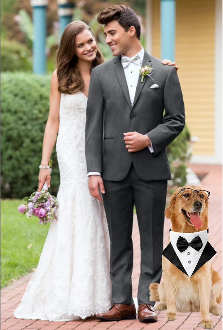 Formal Dog Tuxedo Bandana Collar with Bow Tie, Black, S