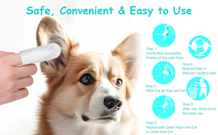 2-Pack Pet Teeth and Ear Cleaner Finger Wipes, Dog and Cat Grooming Kit, Soothing Odor Control, Reduces Dirt and Wax Buildup, Cleans Teeth and Reduces Tartar and Odor, 100 Tablets