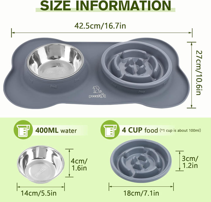 Slow Feeder Dog Bowls to Slow down Eating, No-Spill Non-Skid Silicone Mat, Food-Grade Safe Dog Food Bowls, Stainless Steel Water Bowl for Dogs Cats
