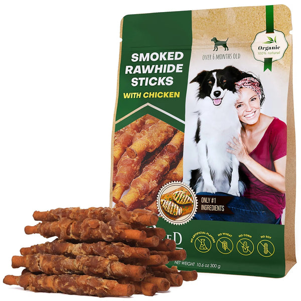 Dog Smoked Rawhide Sticks Wrapped Chicken Pet Natural Chew Treats Grain Free Organic Meat