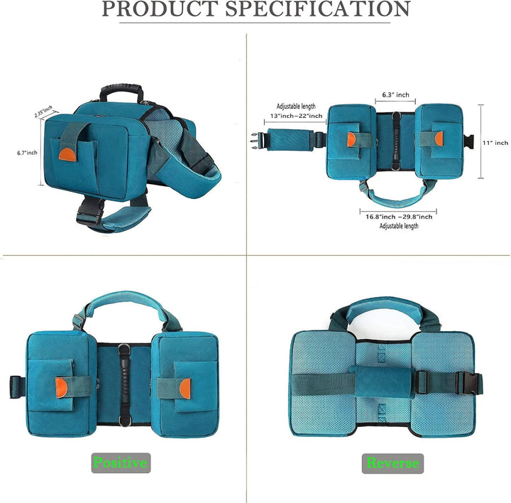 Dog Saddle Bag Backpack Hiking Harness Carrier Camping Waterproof with Pockets Adjustable Strap Polyester for Medium/Large Dogs