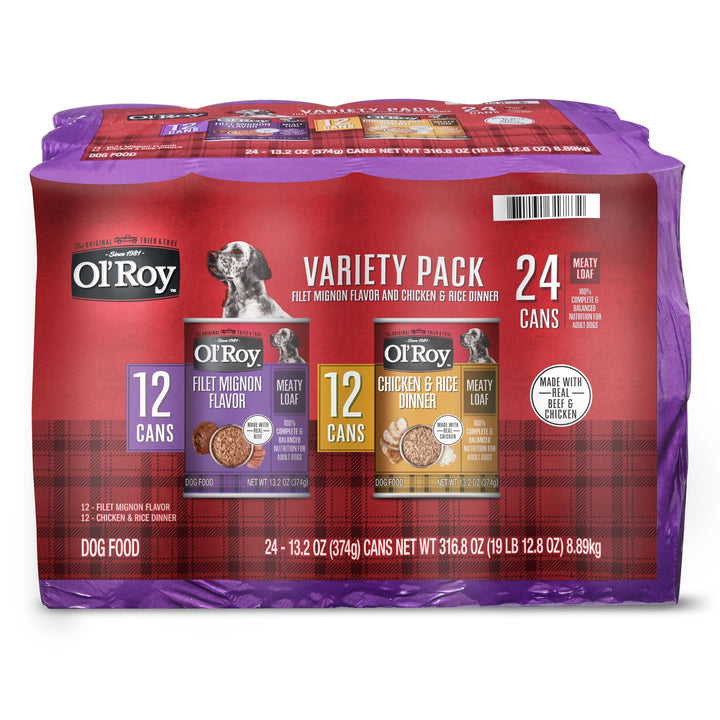 Ol' Roy Meaty Loaf Wet Dog Food Variety Pack, Filet Mignon Flavor and Chicken & Rice Dinner, 13.2 Oz, 24 Cans