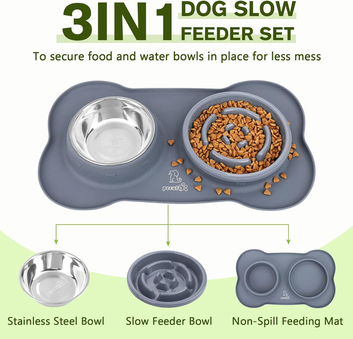 Slow Feeder Dog Bowls to Slow down Eating, No-Spill Non-Skid Silicone Mat, Food-Grade Safe Dog Food Bowls, Stainless Steel Water Bowl for Dogs Cats