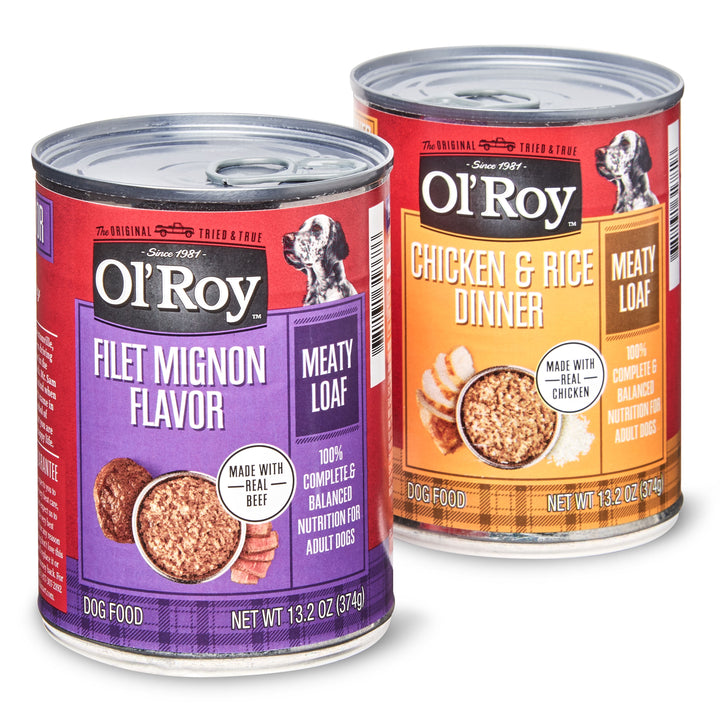 Ol' Roy Meaty Loaf Wet Dog Food Variety Pack, Filet Mignon Flavor and Chicken & Rice Dinner, 13.2 Oz, 24 Cans