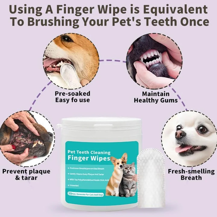 2-Pack Pet Teeth and Ear Cleaner Finger Wipes, Dog and Cat Grooming Kit, Soothing Odor Control, Reduces Dirt and Wax Buildup, Cleans Teeth and Reduces Tartar and Odor, 100 Tablets